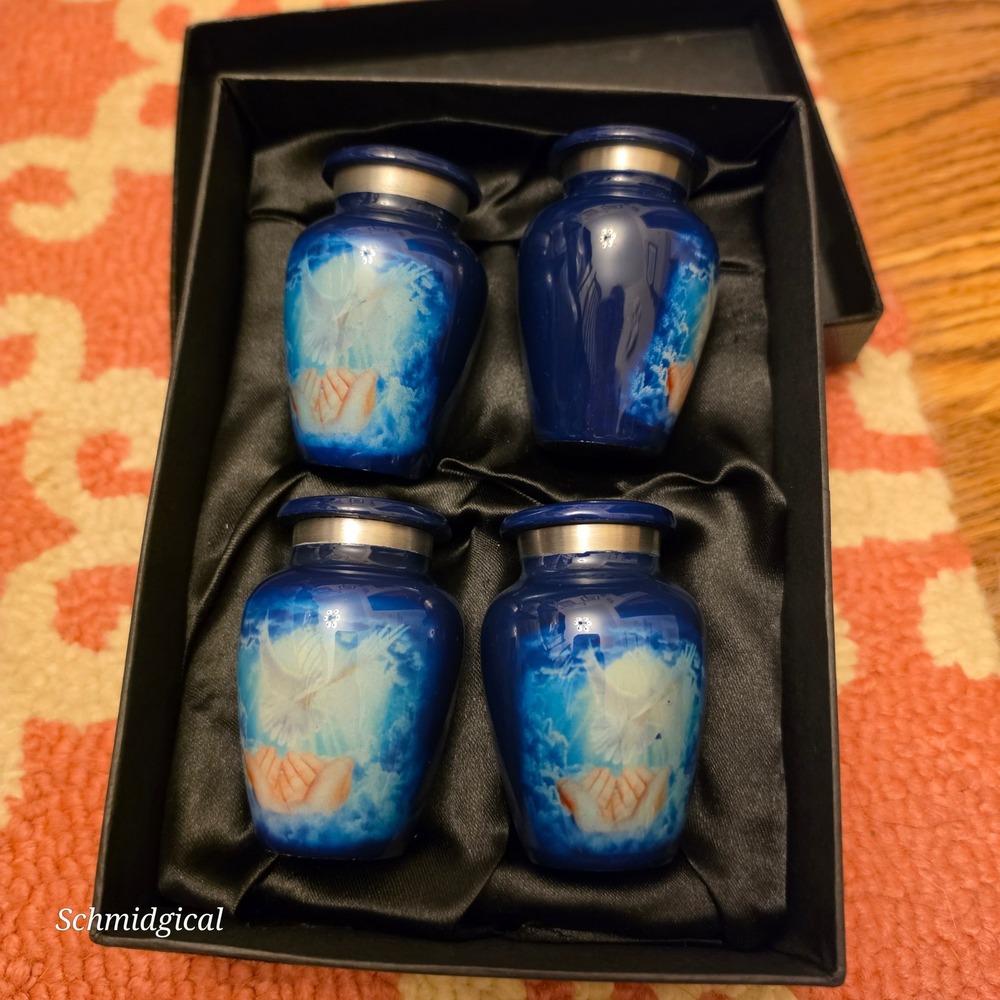 Set of 4 Small Keepsake Urns for Ashes Blue Dove Memorial Mini Urns Boxed